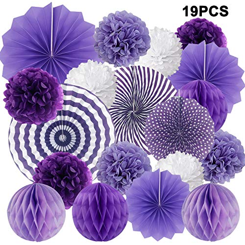 19 Piezas Colgando Ventilador Abanicos de Papel Pompones de Papel Bola de Nido, Flores de Papel para Cumpleaños Boda Carnaval Bebé Ducha Home Party Supplies Fiesta Decoración (Púrpura)