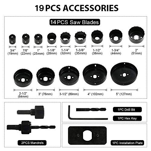 19Pcs Coronas Perforadoras -JELLAS 19-127mm Broca Corona Juego(Include 25 and 35mm) en Caja Rígida, Resistentes para Perforar de Forma Precisa en Madera Blanda, Tableros de PVC y Plástico