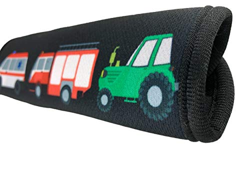 1x Protector para cinturón de seguridad HECKBO® con dibujos de camión de bomberos, ambulancia y tractor - para niños - Protector para cinturón, almohadilla para el hombro, cinturón de seguridad