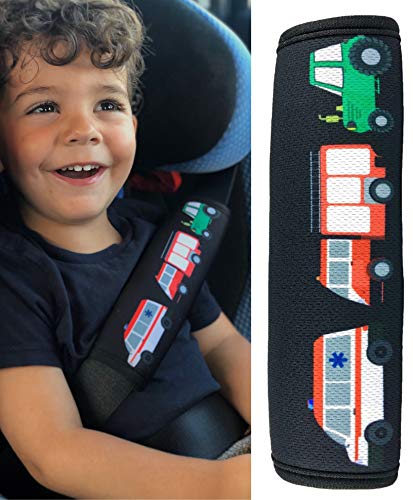 1x Protector para cinturón de seguridad HECKBO® con dibujos de camión de bomberos, ambulancia y tractor - para niños - Protector para cinturón, almohadilla para el hombro, cinturón de seguridad