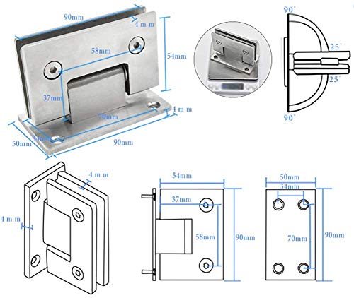 2 abrazaderas de puerta de acero inoxidable, bisagras de vidrio de 90 grados montadas en la pared para puerta de cristal/vitrina de vidrio/puerta de armario de cristal,adaptables de 0,3-0,5 pulgadas