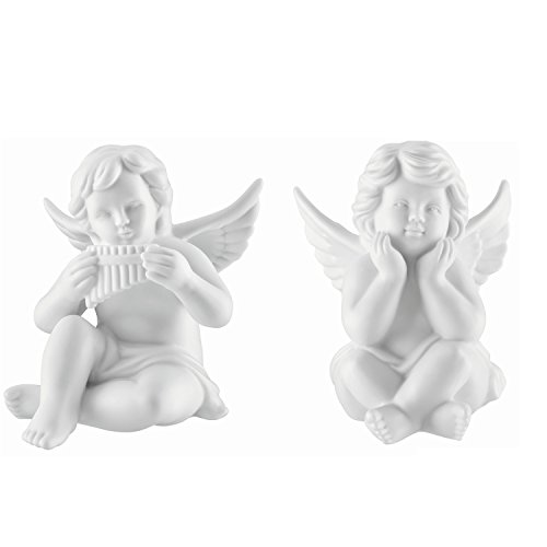 2 ángeles pensativos con flauta de pan en un set para decoración hechos de porcelana biscuit blanco mate de calidad Rosenthal 6 cm en caja de regalo.