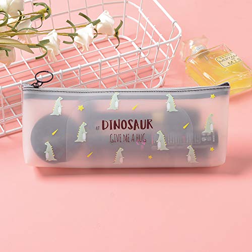 2 bolsas de lápices de dinosaurio, lindo estuche de silicona transparente con cremallera, bolsa de maquillaje de viaje para oficina y escuela de papelería