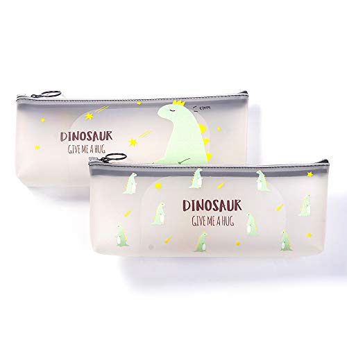 2 bolsas de lápices de dinosaurio, lindo estuche de silicona transparente con cremallera, bolsa de maquillaje de viaje para oficina y escuela de papelería