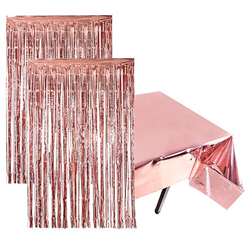 2 Cortinas Flecos Oro Rosa y 1 Funda de Papel de Aluminio de Rosegold Mantel Metálico (1m x 2,7m) para Mesas, Bodas, Fiestas de Novia, Compromisos, Baby Shower, Fondo de Fotos de Navidad