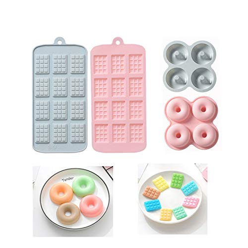 2 Donut Moldes de Silicona,2 Waffle Mold Silicona Horno Cacerola, para Apto Dona Gelatina Hornear Galletas Tarta Muffin Cocina Herramientas Accesorios de Cocina(Azul + Rosa)