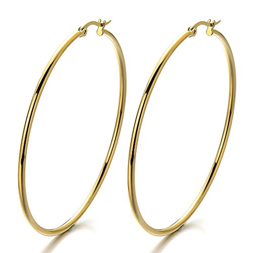 2 Grande Oro Llanura Círculo Pendientes del Aro, Pendientes para Mujer Niñas, Acero Inoxidable