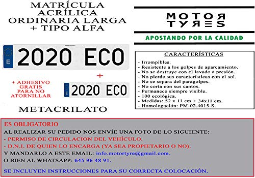 2 MATRICULAS ACRILICAS METACRILATO Larga + Tipo Alfa + Adhesivos Gratis para Colocar SIN ATORNILLAR Larga 52x11cm + Tipo Alfa 34x11cm NIKKALITE POLICARBONATO 100% HOMOLOGADA