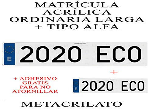 2 MATRICULAS ACRILICAS METACRILATO Larga + Tipo Alfa + Adhesivos Gratis para Colocar SIN ATORNILLAR Larga 52x11cm + Tipo Alfa 34x11cm NIKKALITE POLICARBONATO 100% HOMOLOGADA