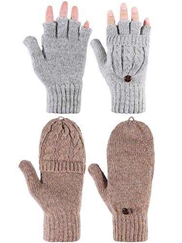 2 Pares de Guantes sin Dedos de Mujeres Manoplas Convertibles de Invierno Guantes de Punto de Mitad de Dedos co Tapa (Gris y Caqui)