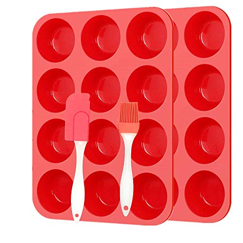 2 pcs Molde para Magdalenas Silicona and 1pcs Espátula, mini Muffin 12 tazas, Recubrimiento Antiadherente, Cupcake Brownie Budín Latta de Mollete Muffin Bandeja para Hornear Panecillos (RED/2pack)