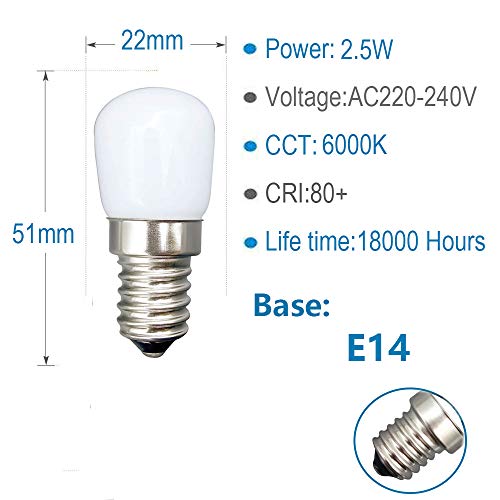 2 Pieza 2.5W E14 LED Bombilla KingYH E14 ESE Frigorifico Bombilla Blanco Frío 6000K AC220V 200LM Equivalente 25W Halógeno para Campana Extractora Máquina de Coser Bombilla [Eficiencia Energética A+]