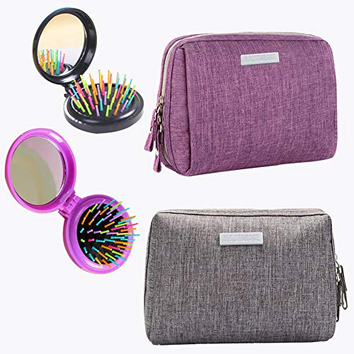 2 Piezas Bolsa de Maquillaje Neceser Bolsa de Aseo Viaje Portátil Bolso Cosmético Impermeable Estuche Maquillaje Mini Bolsa de Cosméticos para Mujeres (Gris, Morado, con 2 Peines de Espejo Plegable)