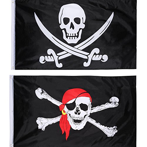 2 Piezas de Bandera de Pirata Bandera de Cráneo Jolly Roger para Fiesta de Pirata, Regalo de Cumpleaños, Día de Pirata, Decoración de Halloween, Regalo de Navidad, 3 por 5 Pies