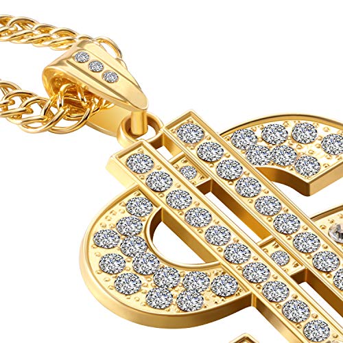 2 Piezas de Cadena Chapado de Oro para Hombres con Collar de Colgante de Signo de Dólar, Collar de Dólar de Hip Hop