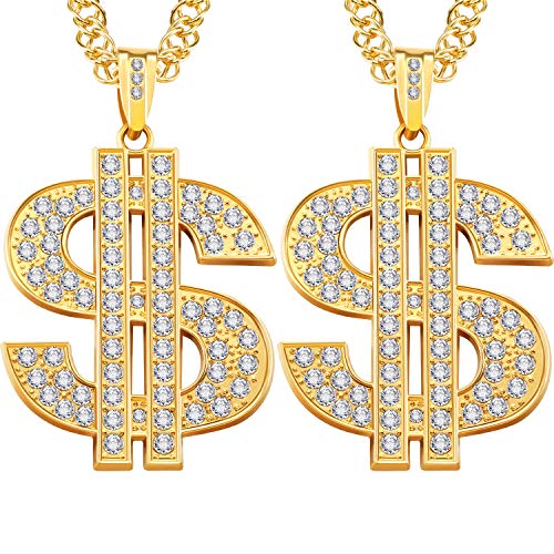 2 Piezas de Cadena Chapado de Oro para Hombres con Collar de Colgante de Signo de Dólar, Collar de Dólar de Hip Hop