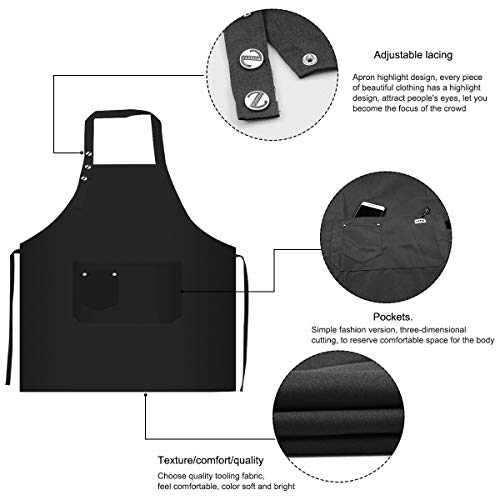 2 Piezas Delantal de Cocina Con 3 Bolsillos para Hombres Mujeres, Ajustable Delantales de Cocinero Impermeables Babero Delantal Chefs para Hornear Jardinería Restaurante Barbacoa – Negro