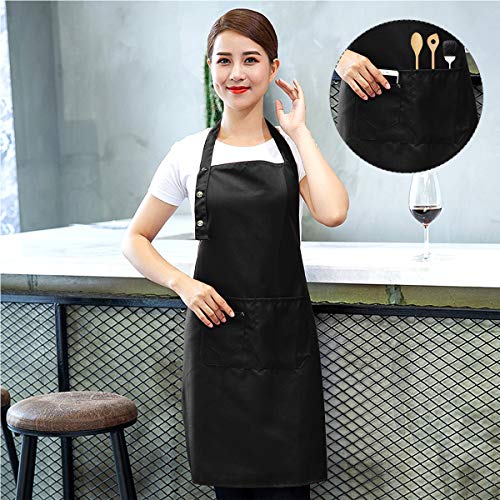 2 Piezas Delantal de Cocina Con 3 Bolsillos para Hombres Mujeres, Ajustable Delantales de Cocinero Impermeables Babero Delantal Chefs para Hornear Jardinería Restaurante Barbacoa – Negro