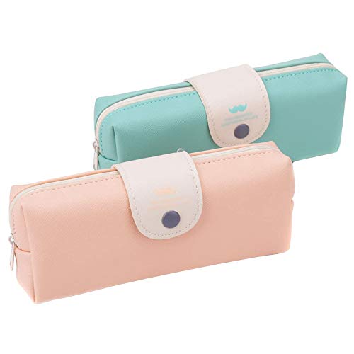 2 PU Estuche para Lápices de Cuero, Estuche de Cuero de Alta Capacidad, Superficie Elegante y Práctica, Lisa y Resistente, para Estuche de Oficina, Bolígrafo de Maquillaje (Azul, Rosa)