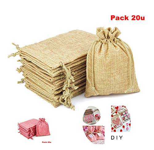 20 Bolsas De Tela Lino Arpillera,Bolsas De Yute,Sacos Grandes 18x24cm Envase De Regalo Dulce para Cumpleaño, Guarda Joyas,Multiuso para Fiesta Boda Navidad(Pack 20 de 18x24cm, Tela Lino)