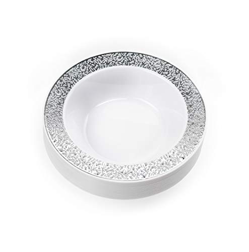 20 Cuencos Desechables de Plástico Duro con Elegante Borde de Encaje Plateado, 18cm| Bol para Sopa, Aperitivo y Postre - Resistente Lavable y Reutilizable - Bodas Fiestas Cumpleaños Catering Navidad.