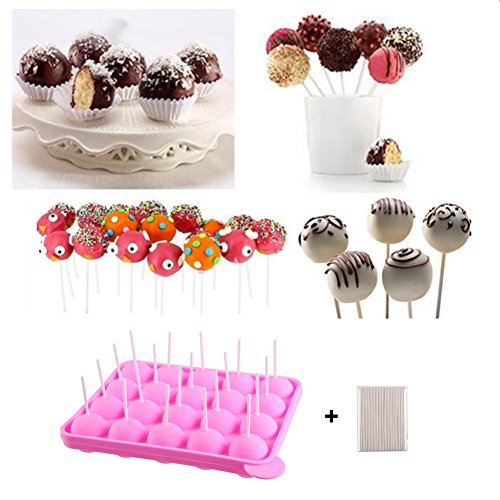 20 de Molde Lollipop,molde cake pops, silicona bandeja Stick mould +100 unidades de incienso, Lollipop partido de utensilios para hornear molde, Jelly y Chocolate, no adhesivas, rosa