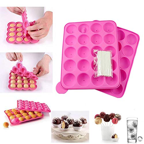 20 de Molde Lollipop,molde cake pops, silicona bandeja Stick mould +100 unidades de incienso, Lollipop partido de utensilios para hornear molde, Jelly y Chocolate, no adhesivas, rosa