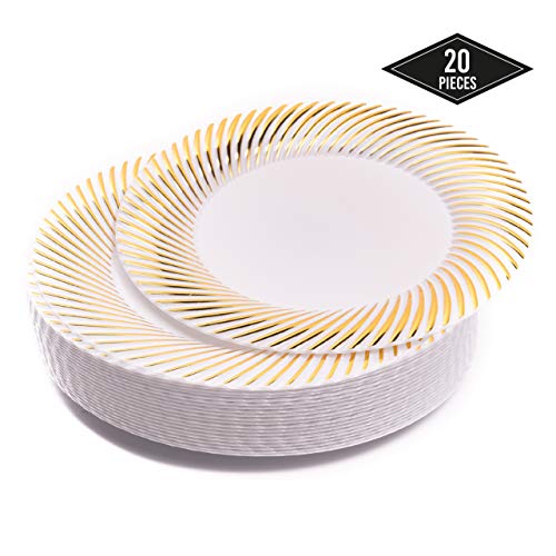 20 Elegantes Pequeños Platos Desechables de Plástico Duro con Borde Oro, 18cm| Platos de Postre Resistentes y Reutilizables| Vajilla Desechable Dorado para Catering Bodas Fiestas.