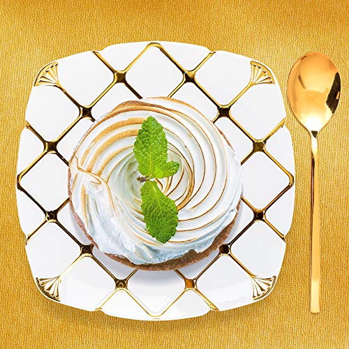 20 Elegantes Platos Pequeños Desechables de Plástico Duro con Patrón Dorado, 18cm| Platos de Postre Resistentes y Reutilizables| Vajilla Desechable Dorado para Catering Bodas Fiestas Navidad.