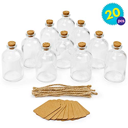 20 Mini Botellas con Corcho | Frascos de Vidrio con Etiquetas Adjuntas de 50 ml | Botella Cristal Pequeño Ideal para Regalos de Decoración de Bodas | Perfecto para Rellenar Licor Dulces Y Golosinas