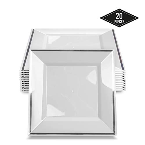 20 Premium Platos Cuadrados Desechables de Plástico Duro con Elegante Borde Plateado, 24cm| Durable Lavable y Reutilizable| Vajilla Blanca y Plateada| Bodas Fiestas Cumpleaños.