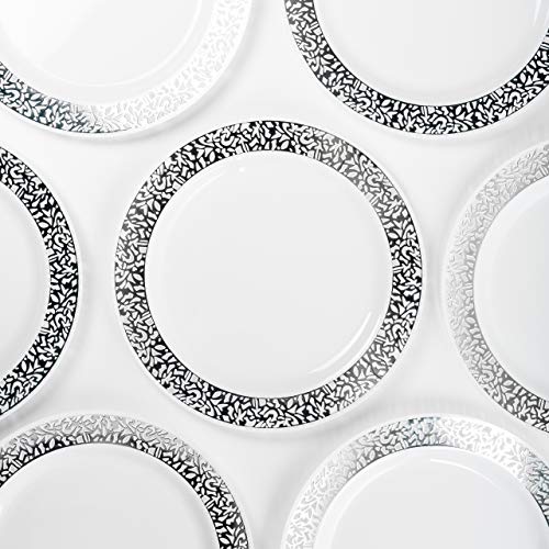 20 Premium Platos Desechables de Plástico Duro con Elegante Borde de Encaje Plateado, 26cm| Durable Lavable y Reutilizable| Vajilla Blanca y Plateada| Bodas Fiestas Cumpleaños.