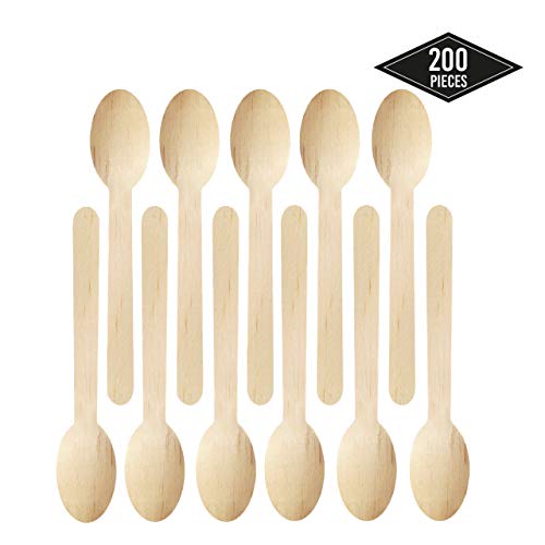 200 Premium Cucharaditas De Madera Cubiertos Set - Desechable Biodegradable Compostables - 100% Madera de Abedul, Robusto, Durable - Perfecto para Fiestas, BBQ, Picnics, Cumpleaños.