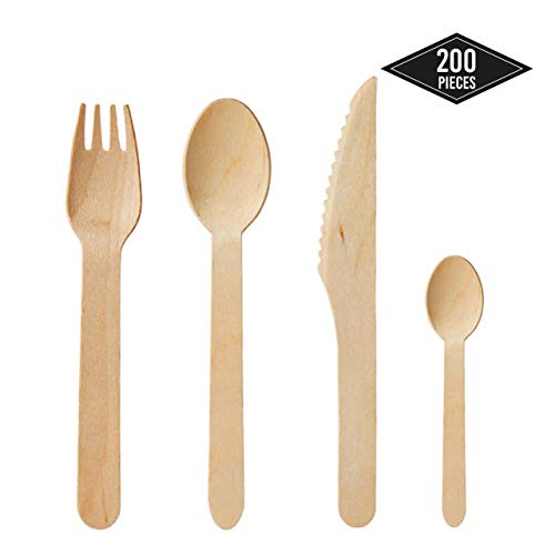 200pcs Cubiertos Desechables de Madera - 50 Cucharas, 50 Tenedores, 50 Cuchillos, 50 Cucharaditas - Fuerte & Robusto - 100% Madera Natural, Biodegradable, Ecológico - Elegante Alternativa al Plástico