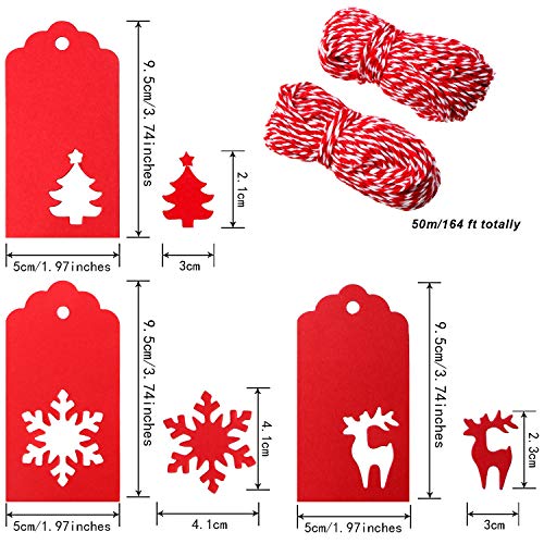 210 Piezas de Etiquetas de Papel Etiquetas Colgantes de Regalo en Formas de Etiquetas de Árbol Renos Copo de Nieve con 164 Pies de Cordel para Navidad Boda Cumpleaños (Rojo)