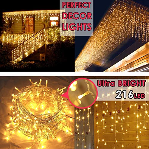 216 LED Guirnaldas Luces, 5.5M Luces de Cadena, 8 Modos Luz de Carámbano, Iluminación de Cascada Impermeables, Luces Decorativas para Interiores y Exteriores, Navidad, Fiesta, Jardín (Blanco Cálido)