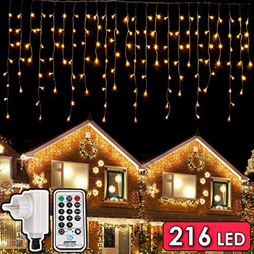 216 LED Guirnaldas Luces, 5.5M Luces de Cadena, 8 Modos Luz de Carámbano, Iluminación de Cascada Impermeables, Luces Decorativas para Interiores y Exteriores, Navidad, Fiesta, Jardín (Blanco Cálido)