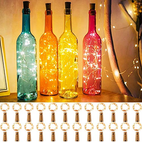 24 Pack Olafus Luz de Botella, Luz Corcho, 2M 20 LEDs Luces LED para Botellas de Vino a Pilas Flexible, Guirnaldas Pilas Cobre IP65 Impermeable Luz para Boda, Navidad, Fiesta, Jardín Blanco Cálido