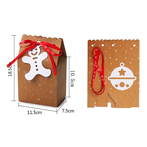 24 Pieces Kraft de Cajas de Dulces de Navidad, Hombre de Pan de Jengibre, árbol de Navidad, Campanas, Copos de Nieve, Bastones de Caramelo, Medias de Navidad, Bolsas de Papel de Estilo Navideño