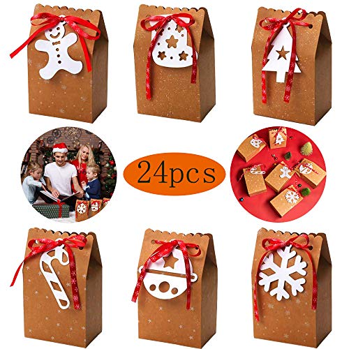 24 Pieces Kraft de Cajas de Dulces de Navidad, Hombre de Pan de Jengibre, árbol de Navidad, Campanas, Copos de Nieve, Bastones de Caramelo, Medias de Navidad, Bolsas de Papel de Estilo Navideño