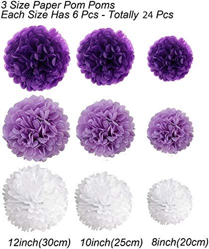 24 piezas Pompon de papel de seda, bolas de papel en forma de flor para fiestas de cumpleanos, bodas, baby shower, shower de novia o decoracion de festivales, Violeta, lavanda y blanco