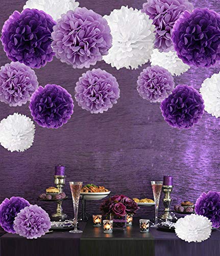 24 piezas Pompon de papel de seda, bolas de papel en forma de flor para fiestas de cumpleanos, bodas, baby shower, shower de novia o decoracion de festivales, Violeta, lavanda y blanco