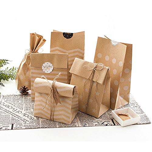 24pcs (15*9.7*27cm) Bolsas de Papel Kraft Bolsas de Regalo de Papel 4 Estilos + 24 Pegatinas + 2*5m Cuerdas Sin Asas para Navidad Boda Fiestas Cumpleaños Comida Caramelos Dulces Galletas Chocolates