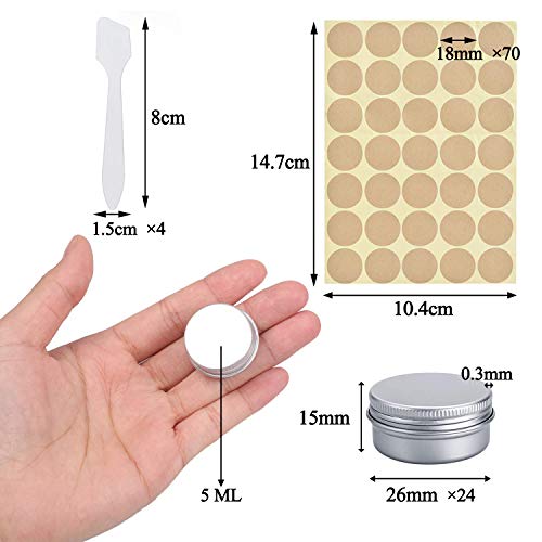 24pcs Tarros de Aluminio vacío, Vacíos Recipiente de cosmética Tarros Pequeños Viajes con Etiquetas y Mini espátula, Lata Aluminio Redonda para Crema, loción, Máscaras, Bálsamo Labial, Velas (5 ml)