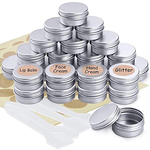 24pcs Tarros de Aluminio vacío, Vacíos Recipiente de cosmética Tarros Pequeños Viajes con Etiquetas y Mini espátula, Lata Aluminio Redonda para Crema, loción, Máscaras, Bálsamo Labial, Velas (5 ml)