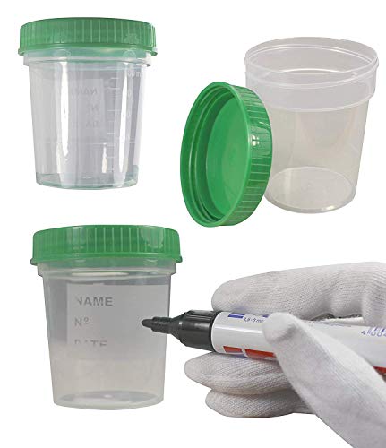 25 x Envase de la orina 125 ml / Color: Natural / Tapón de rosca: Verde / con Graduación / higiénico embalado / con Cuadro de rotulación de Taza y Tapa / Tazas de la muestra de orina / Muestra de orina de copa / Muestra Becher / Tazas de la muestra