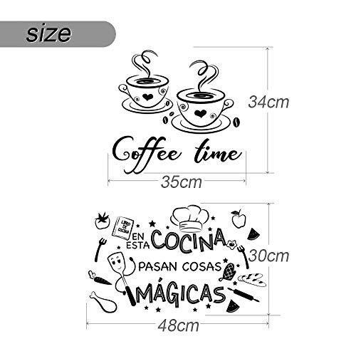 2pcs Pegatinas Pared Cocina Decorativas con Frases Españoles Vinilos Letras Stickers Adhesivos Comedor Cafetería Restaurante Habitación Coffee time En esta cocina.