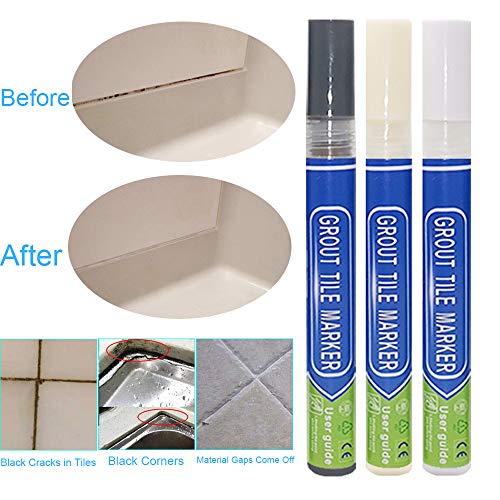 3 bolígrafos de lechada ACRIAL Goldenlight para reparar brechas de lechada, diseñada para restaurar lechada de azulejos en baños y cocinas, 3 piezas de color blanco y beige y gris oscuro