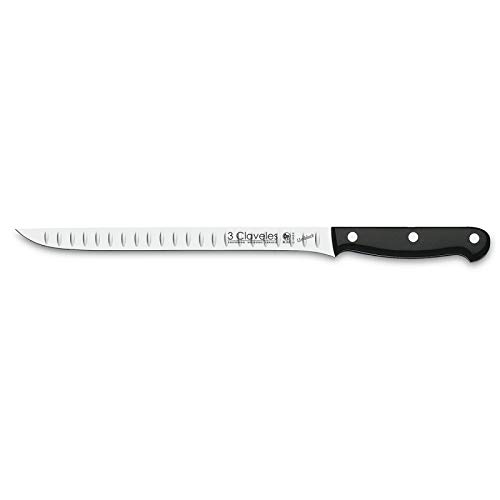 3 Claveles 1114 - Cuchillo Profesional en Acero Inoxidable Molibdeno Vanadio de Alta Calidad, Gama UNIBLOCK, Jamonero Alveolado, Medida 30 cm 12''