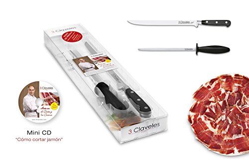 3 Claveles 1700 - Set de Cuchillo jamonero (25 cm) + chaira + CD